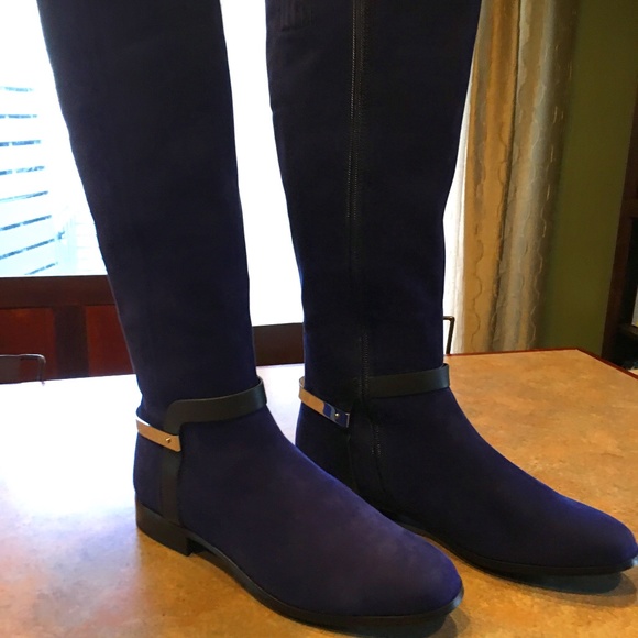 Calvin Klein Shoes - Calvin Klein BLUE SUEDE boots, knee high, silver/black harness, Women’s Size 10